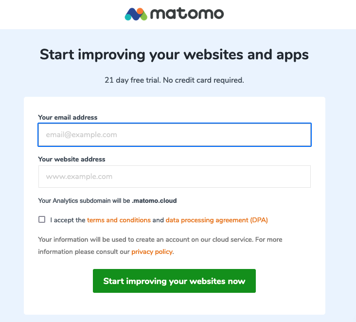 A screenshot of a landing page on Matomo