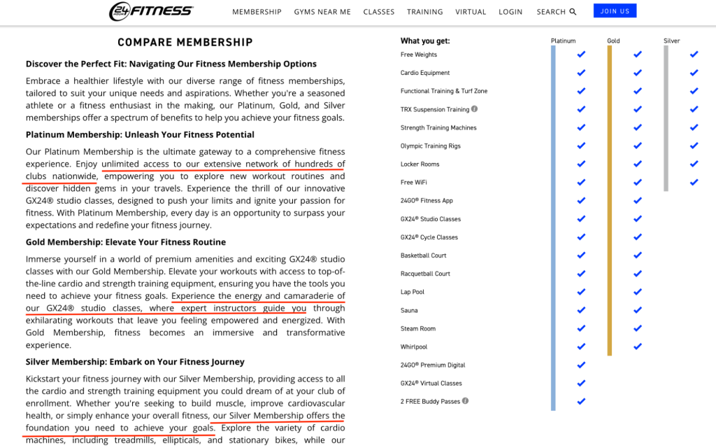 A screenshot of a gym's website