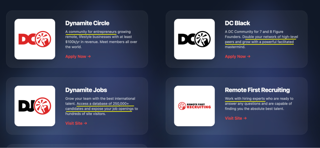 A screenshot of Dynamite Brands' website highlighting benefits